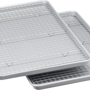 Ceramic non-stick baking pan and cooling rack set, PTFE and PFOA free, dishwasher safe, oven-safe, half-pan size, grey, 2-piece set