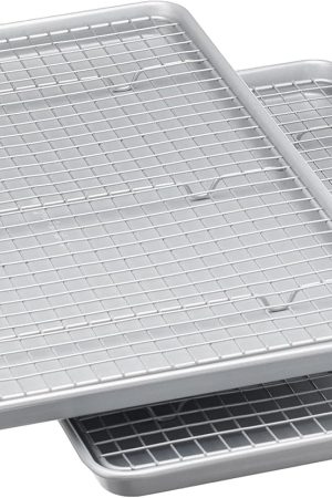 Ceramic non-stick baking pan and cooling rack set, PTFE and PFOA free, dishwasher safe, oven-safe, half-pan size, grey, 2-piece set