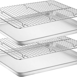 Baking Pan Set with Rack [2 Pans + 2 Racks], Stainless Steel Cookie Pan with Cooling Rack, Dimensions 18 x 13 x 1 inch (approx. 46 x 33 x 2.5 cm)