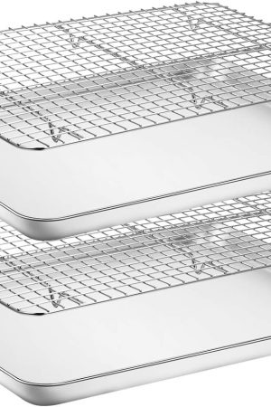 Baking Pan Set with Rack [2 Pans + 2 Racks], Stainless Steel Cookie Pan with Cooling Rack, Dimensions 18 x 13 x 1 inch (approx. 46 x 33 x 2.5 cm)