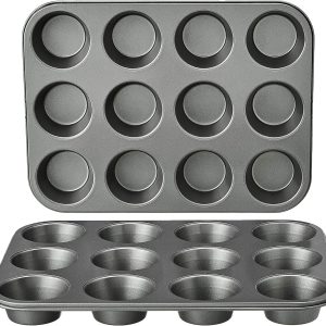 Non-stick muffin pans, 2-piece set, sturdy and durable, oven-safe, bakes evenly, easy to clean, 12 cup capacity, 13.9 x 10.55 x 1.22 inches