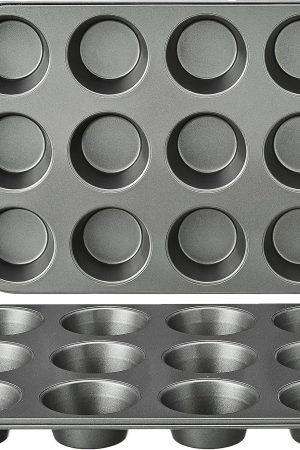 Non-stick muffin pans, 2-piece set, sturdy and durable, oven-safe, bakes evenly, easy to clean, 12 cup capacity, 13.9 x 10.55 x 1.22 inches